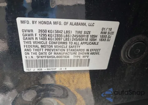 2018 Honda Pilot Ex-L z USA, uszkodzony, nr VIN 5FNYF6H5XJB007836